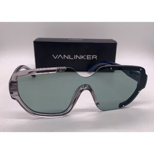 Vanlinker Sunglasses Futuristic Shield Gray Blue Frame Green Lense‎ 9619